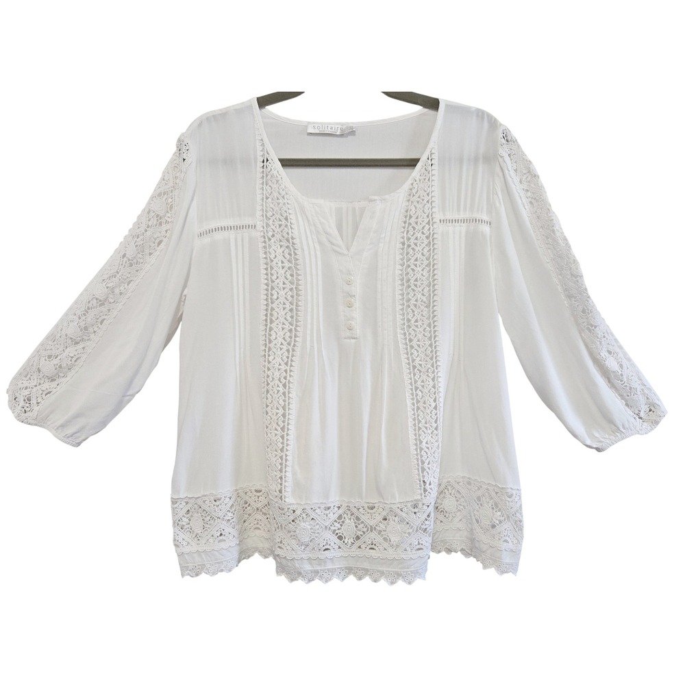 Solitaire Ravi Khosla Boho Fairy White Crochet Lace Pintuck Peasant Blouse Top L